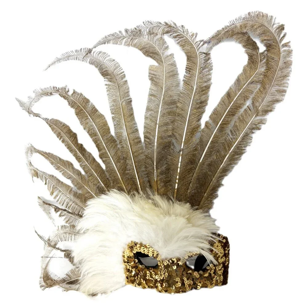 Showgirl Carnival Feather Gold White Mask Headdress Deluxe Vintage